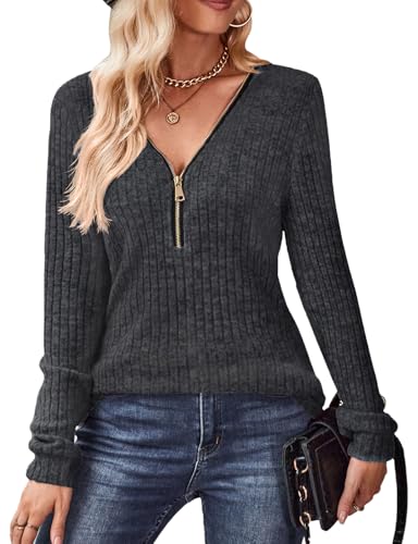 Gemulate Oversized Womens Jumper Lightweight Zipper Jumpers V Neck Sweater Ladies Long Sleeve Tops Casual Striped Sweatshirts Tshirt Dark Grey XL