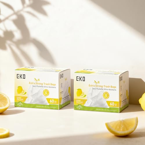 Image of EKO 21 Gallon / 50-90 Liter, 60 Count Drawstring Trash Bags, Extra-Strong Garbage Bags, Lemon Zest Scent with Continuous Odor Control, Easy-Dispense Roll for Kitchen and Household Use, Code G, White