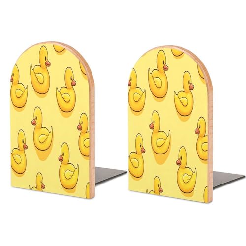 Quteprint Confezione da 2 fermalibri in legno, motivo anatre gialle, antiscivolo, resistenti, per scaffali e scrivanie, supporti decorativi per libri, per casa, ufficio, biblioteca, scuola, 12,7 x 7,6