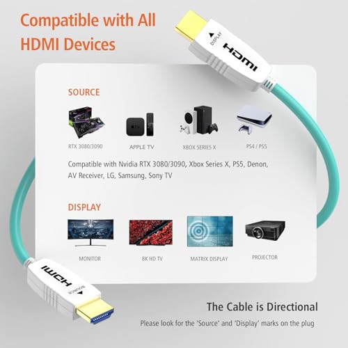 Image of RUIPRO 8K Fiber Optic HDMI 2.1 Cable, 48Gbps, 8K60, 4K120, HDR, eARC, 33FT | Fiber Optic Technology Reduces EMI and Signal Loss vs Copper Cables for Stable 4K@120Hz Gaming and Long-Distance 8K Video