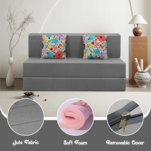 Image of Rosebell Foldable 2 Seater Sofa Cum Bed, Sofa Bed 4X6 Feet, Jute Fabric- Washable Cover- Including Two Cushion Perfect for Home & Office-Grey Color