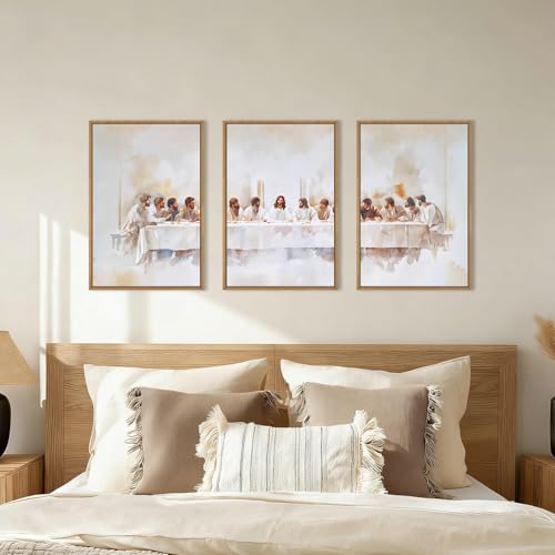 Image of KAIRNE Jesus Last Supper Framed Canvas Wall Art Set, Christian Twelve Apostle Wall Decor, Bible Renaissance wall Painting, Religious Picture Art Print for Living Room, Bedroom, Church-16 x24 x3
