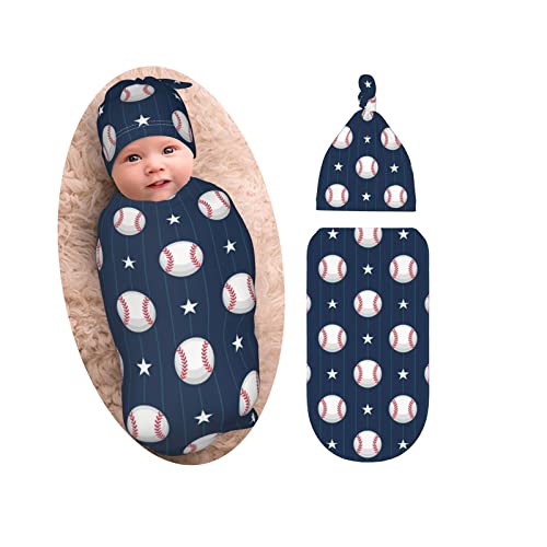 Image of Baseball Baby Stuff Swaddle Blanket with Beanie Set, Soft Stretchy Newborn Receiving Blanket Infant Swaddle Sack for Baby Boy and Girl Gifts