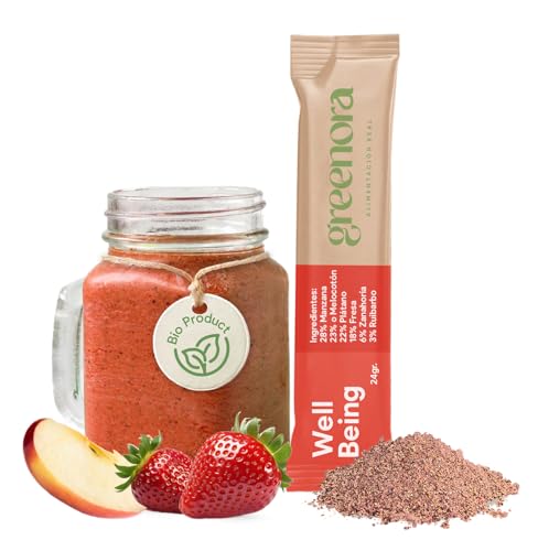GREENORA Smoothie Vegano de Fruta Liofilizada en Polvo 100% Natural BIO. Deshidratada. Manzana Melocotón Plátano Fresa Ruibarbo Zanahoria. 10x24g