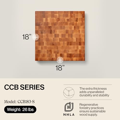 John Boos CCB Series Square Wooden Maple Cutting Board 18”x18” – 3” Thick, 26-lb Reversible Butcher Block with End-Grain & Finger Grips – Made in the USA