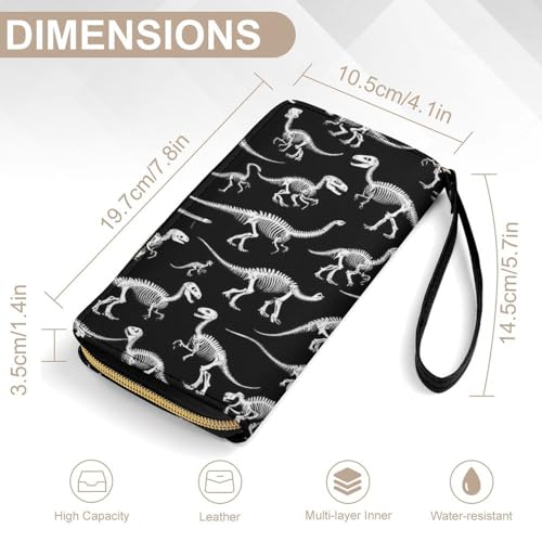 Fashion Decor Wallet, Long PU Zipper Wallet, Travel Purse Fashion Design, Huge Storage Capacity Purse With Rope Black And White Dinosaur Skull Skeleton2