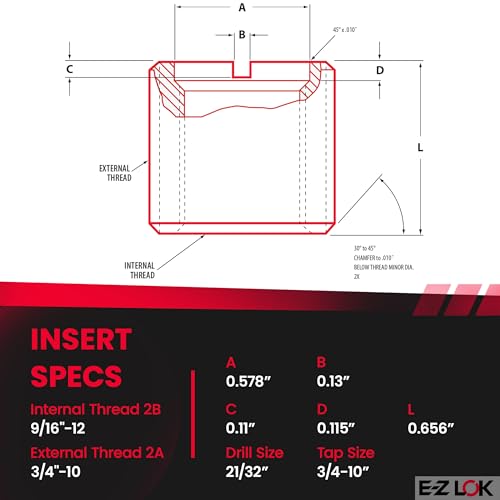 e-z lok threaded insert for metal 12l14 carbon steel thread inserts 916-12 internal threads 34-10 external threads 0656 length pack of 5