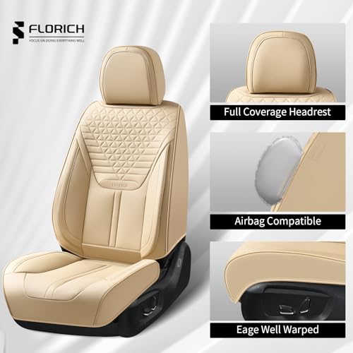 Image of FLORICH Car Seat Covers for Front Seats, Universal Seat Cushion 2 Seats, Car Seat Protector Waterproof, Premium Leather Automotive Seat Covers for Most Cars, Sedans, SUVs, and Trucks-Beige