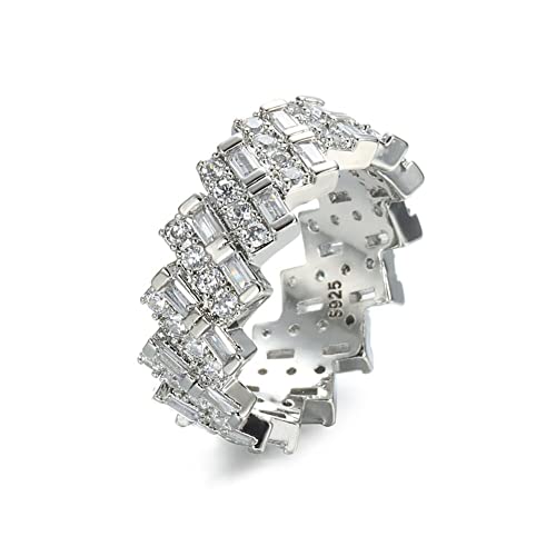 Fashion Round and Baguette Cut Silver Plated Cubic Zirconia Wedding Band Eternity Bands Ring for Men Women Size10, 9, 8, 7, 6
