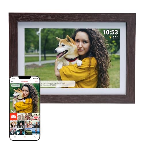 Cornice Digitale 10 Pollici WiFi – Schermo IPS HD 1280x800 – Portafoto Digitale Frameo Denver per Foto e Video – Cornice Elettronica Touchscreen Smart – 16GB Memoria – Slot microSD – Legno Scuro