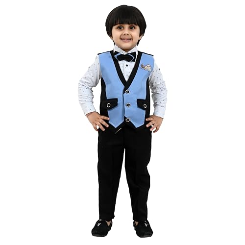 Image of Kids Ethnic Dress Suit Set I Boy's 3-Piece Suit with Bow Tie | Kids Festive Birthday Special Occasion Party Suit Set Shirt, Pant, Bow Tie & Waistcoat