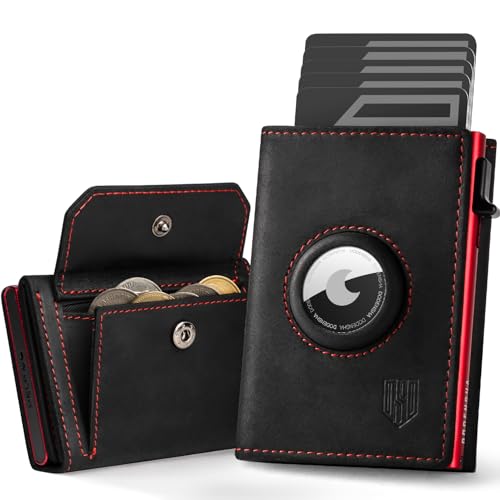Airtag Portefeuille pour Homme avec Compartiment à Monnaie I MagSnap Étui pour Cartes I Smart Airtag Wallet pour 10+ Cartes I Protection RFID (Noir Rouge)