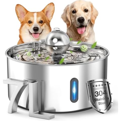 Dog Water Fountain,7L/1.8Gal/236oz Stainless Steel Dog Water Bowl Dispenser,Auto Pet Water Fountain with Spherical Fountain Spout,Ultra-Quiet Pump,5-Layer Filtered Water Fountain for Large Dogs Cover