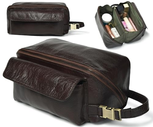 Coyote Bay® Premium Full Grain Soft Leather Makeup Bag Large 9 Inch, Travel Organizer Pouch, Shaving Kit, Cosmetics Toiletry Bathroom Organizer Kit - Main Image
