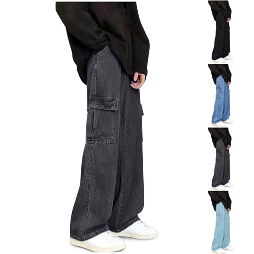 Cambkatl Straight Casual Jeans for Men Loose Elastic Waist Drawstring Denim Pants Outdoor Cargo Sweatpants with Multi-Pockets2