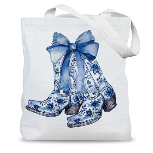 Chinoiserie Cowgirl Boots Tote Bag, Coquette Blue Bow Western Canvas Tote Bags for Women, Cowgirl Stuff Gifts, Grandmillennial Western Reusable Grocery Shopping Bags