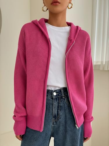 Image of SOLY HUX Zip Up Cardigan for Women Hooded Cardigan Sweater Knitted Drop Shoulder Fall Clothes Winter Hoodies Outerwear