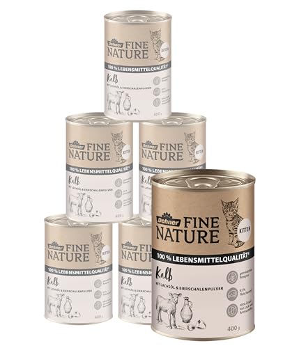Dehner Fine Nature Katzenfutter Kitten, Nassfutter getreidefrei, für junge Katzen, Kalb, 6 x 400 g Dose (2.4 kg)