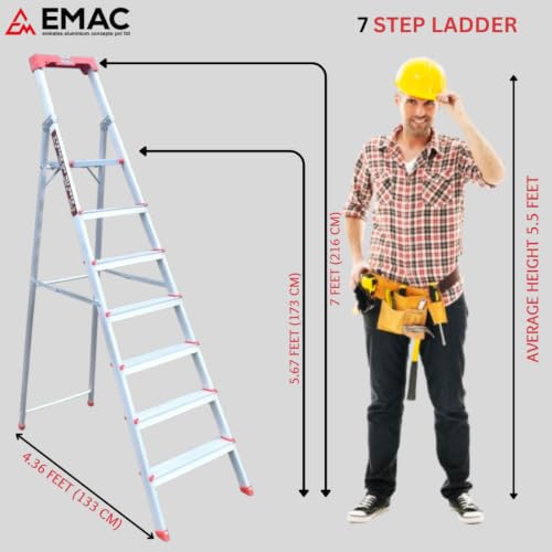 Image of EMAC Prime Aluminium 7 Step Ladder | 240 Kg Heavy-Duty Load Capacity | Extra-Wide 3.2 Inch Anti-Slip Steps | Foldable & Lightweight | for Home & Office Use with Platform and Tools Tray