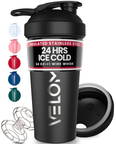 Image of VELOMIX 24oz Stainless Steel Shaker Bottle with Wire Whisk, Black