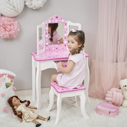 Image of Teamson Kids - Sweethearts Print Gisele Medium Vanity - White /Pink | LED Lights, Tri-Fold Mirror, Stool & Drawer, Pretend Makeup Table, Ages 3+