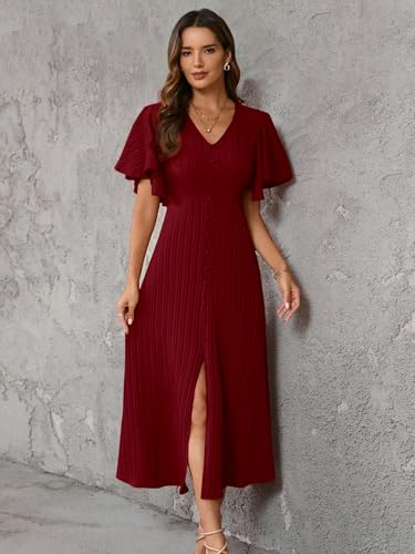 Image of Shasmi Girl's & Women's Pleated Midi Dress with Flutter Sleeves | V-Neck Western Dress for Women | Elegant A-Line Summer Outfit | Office & Casual Wear (Dress 244)