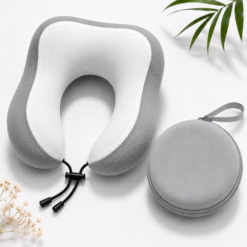 Image of Memory Foam Travel Neck Pillow with Portable Storage Case | Soft U-Shaped Neck Support Cushion for Airplane, Car, Train & Office | Lightweight Ergonomic Travel Pillow (Grey)
