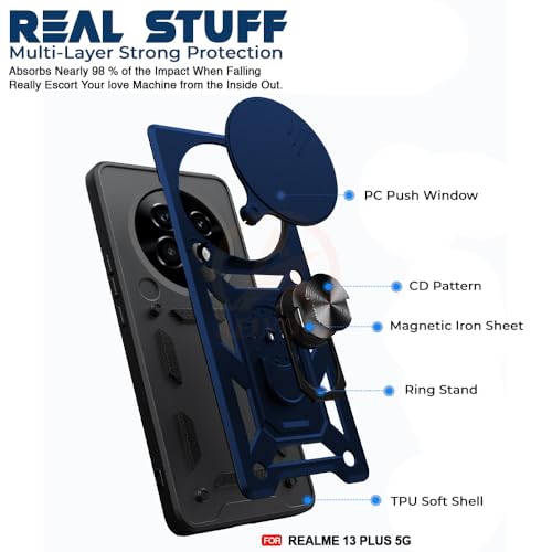 Image of Armor Bumper Back Cover Case for Realme 13 Plus / P1 Speed 5G Rotating Camera Cover, Ring Holder & Kickstand | Heavy Duty & 360 Degree Protection Realme 13 Plus / P1 Speed 5G Back Cover (Blue)