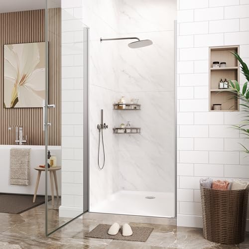 Image of GarveeTech 34 inch W x 72 inch H Frameless Pivot Shower Door - 1 /4 inch Tempered Glass with Silver Frame, Single Swing Door for Modern Bathroom,Waterproof & Easy to Clean