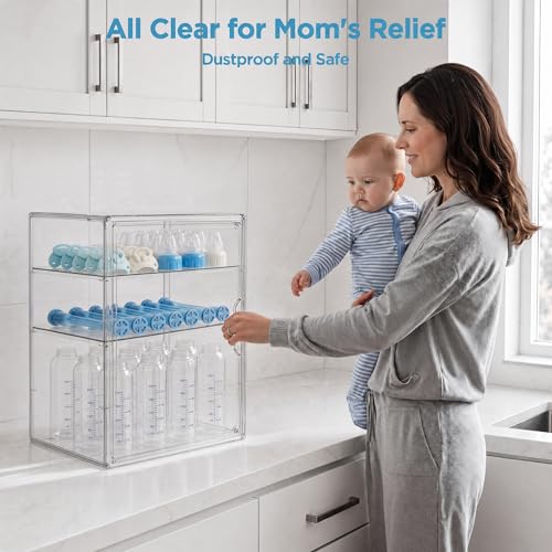 Image of HBlife Baby Bottle Storage Organizer for Countertop Cabinet, 3 Tiers Adjustable Clear Acrylic Bottles Storage Station Case Box Container with 2 Removable Dividers and Magnetic Door, Large