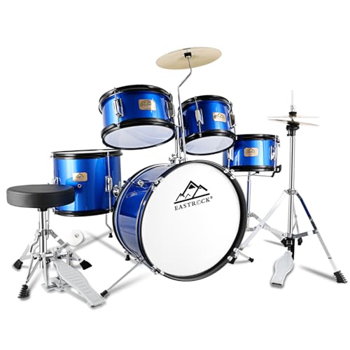 EASTROCK Drum Set, 5 Piece 16' Junior Drum Sets, Younth,Drummer, Beginner Drum Set for 7-12 Years Old with Throne,Cymbal,Pedal,Drumsticks（Blue）