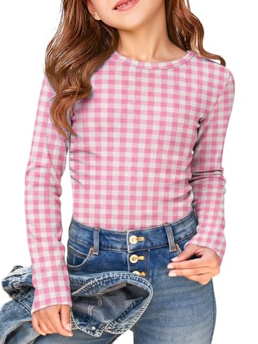 Image of Haloumoning Girls Long Sleeve Shirts Crewneck Ruched Side Slim Fit Tops Ribbed Knit Casual Tee Shirt 4-15 Years