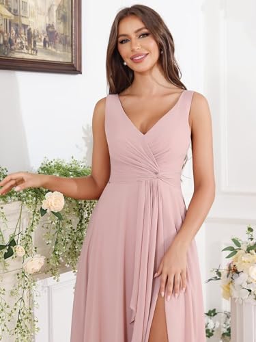 Image of BOLENSYE Floral Blush Sleeveless Bridesmaid Dresses Long Ruched Chiffon Evening Party Gown with Pockets Size8