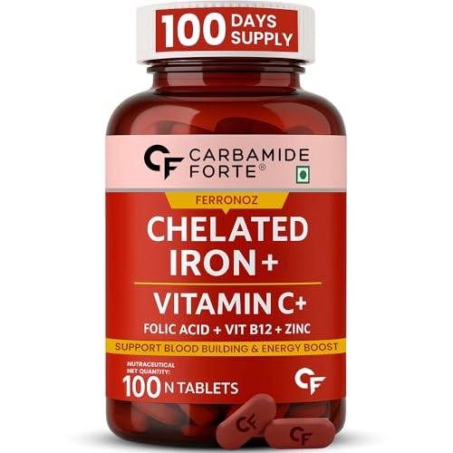 Carbamide Forte Chelated Iron Supplement for Women and Men | Folic Acid Tablets for Pregnancy | Hemoglobin Booster | 100 Veg Tablets for Hair Growth with Iron Bisglycinate