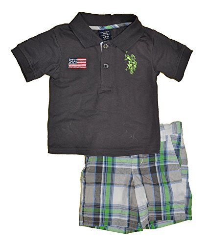 U.S. Polo Assn. Baby Boys' Pony and Flag Pique Polo with Plaid Short Set, Charcoal, 12 Months