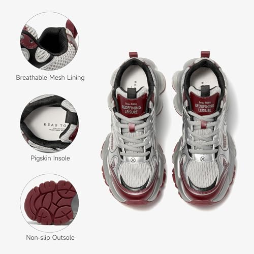 BEAU TODAY Chunky Sneakers for Women, Womens Fashion Sneakers, Lace Up Platform Leather Casual Walking Dad Shoes3