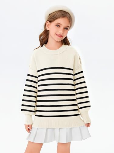 Girls Striped Oversized Sweaters Fashion Batwing Sleeve Side Slit Knit Pullover Clothes 5-14 Years2