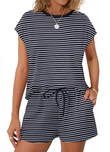Image of WIHOLL Two Piece Sets for Women Summer Crew Neck Lounge Short Sets Cap Sleeve Drawstring Sweatsuit with Pocket