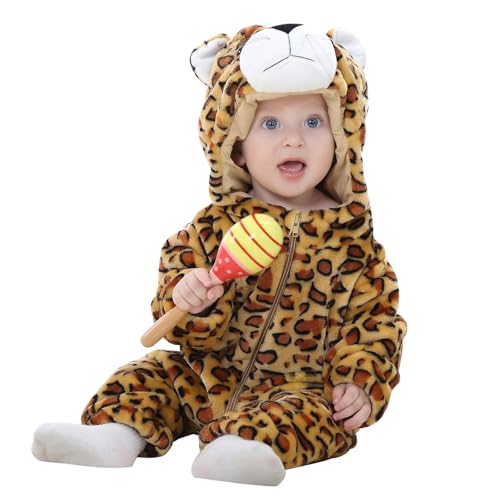 BETTERFUN Baby Animal Costume Kids Toddler Infant Hooded Romper Jumpsuit Halloween Cosplay Outfits, Brown Leopard, 6-12 Months