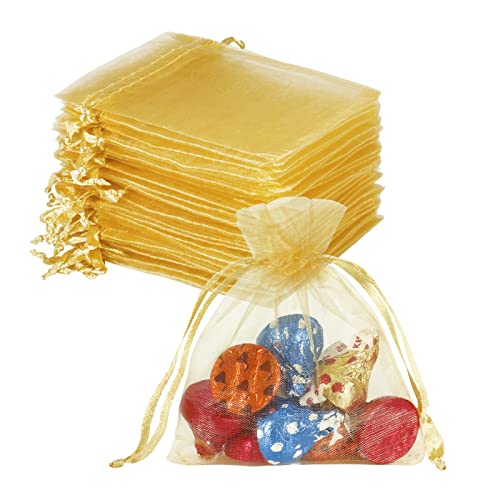 Image of HRX Package 100pcs Little Gold Organza Bags 3 x 4 inch, Mesh Jewelry Pouches Drawstring Empty Sachets for Bracelets Candy Small Gift