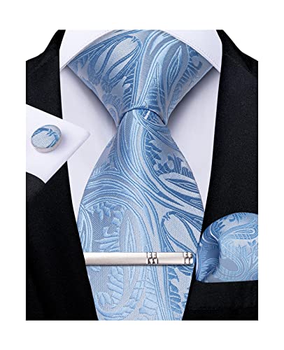 Image of DiBanGu Paisley Ties for Men Silk Necktie and Pocket Square Cufflinks Tie Clip Set Woven Classic Mens Tie for Wedding Party