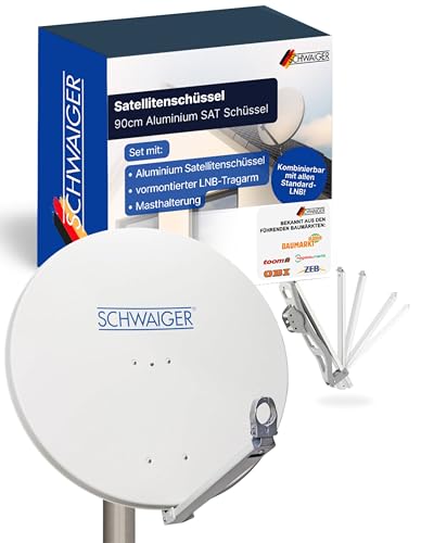 SCHWAIGER Satellitenschüssel I Ø 90 cm Aluminium Offset Antenne in hellgrau I Multifeed geeignet & wetterfest I SAT Schüssel mit LNB Tragarm & Masthalterung I maximale Empfangsleistung 39,5dB