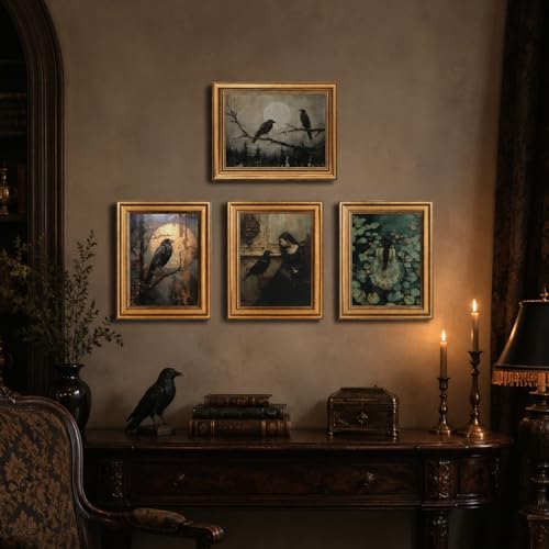 vineolect Vintage Raven Gold Framed Wall Art Gothic Full Moon Crow Painting Dark Forest Artwork Dark Academia Home Decor for Living Room Bedroom Office 12''x16'' by vineolect - Used condition - Image 6