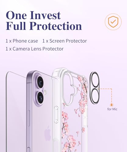GVIEWIN Etui do iPhone 17 6,3" 2025, z folią ochronną ekranu i obiektywu aparatu,odporne na wstrząsy, wojskowej klasy, przezroczyste, kwiatowe, smukłe etui na telefon dla kobiet,Sakura/Różowa