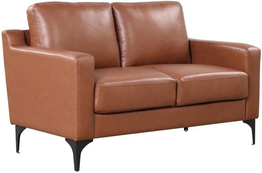 Pemberly Row Stationary Loveseat, Brown Faux Leather Upholstery, 45.3 in Wide, High-Density Foam Cushions, Pocket Coil Seating, Solid Wood Frame, Black Metal Legs, Modern Living Room Furniture