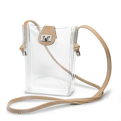 Women's Small Clear PVC Cross Body Bag Phone Bag with Vegan Leather Trim Transparent Turn-Lock Purse Stadium Approved