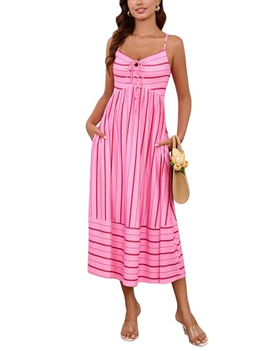 Image of Fashionme Womens Summer Maxi Dresses 2026 Trendy Striped Vacation Boho Beach Spaghetti Strap Sundress Back Tie with Pockets