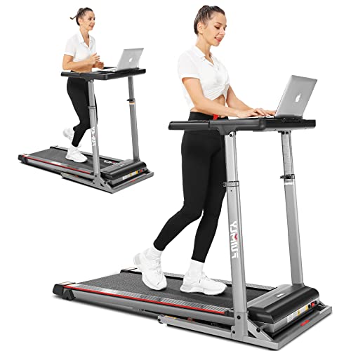 Image of Treadmill with Desk Workstation & Incline & Adjustable Height, 300 lb Capacity, Walking Pad Treadmill with Laptop Holder Attachment, Desk Treadmill with Desktop for Home Office