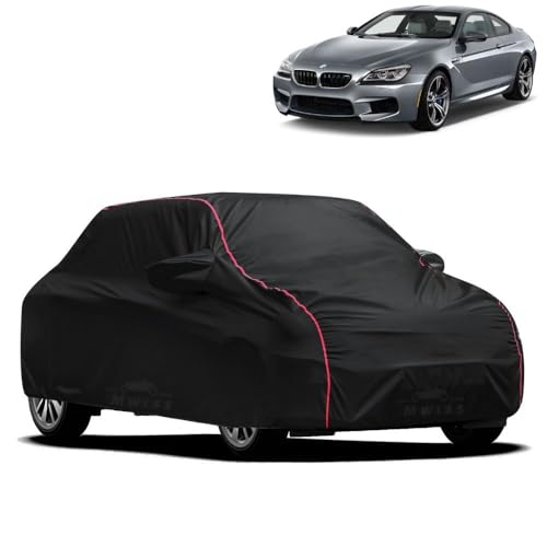 Image of Waterproof Car Cover for BMW M6 | All-Weather Protection, Dustproof & UV Resistant | Triple Stitched Mirror Pockets, Windproof Buckle Strap with Elastic Hem, Black-Red Piping