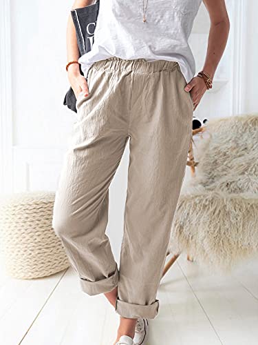 Wrolem Women'S Straight Pants Elastic Waist Casual Trousers Pants With Pockets Khaki thumb #5